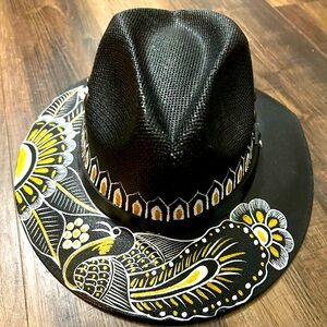 Black Line Black and fedora hat for women/men with a Hand Painted design -medium